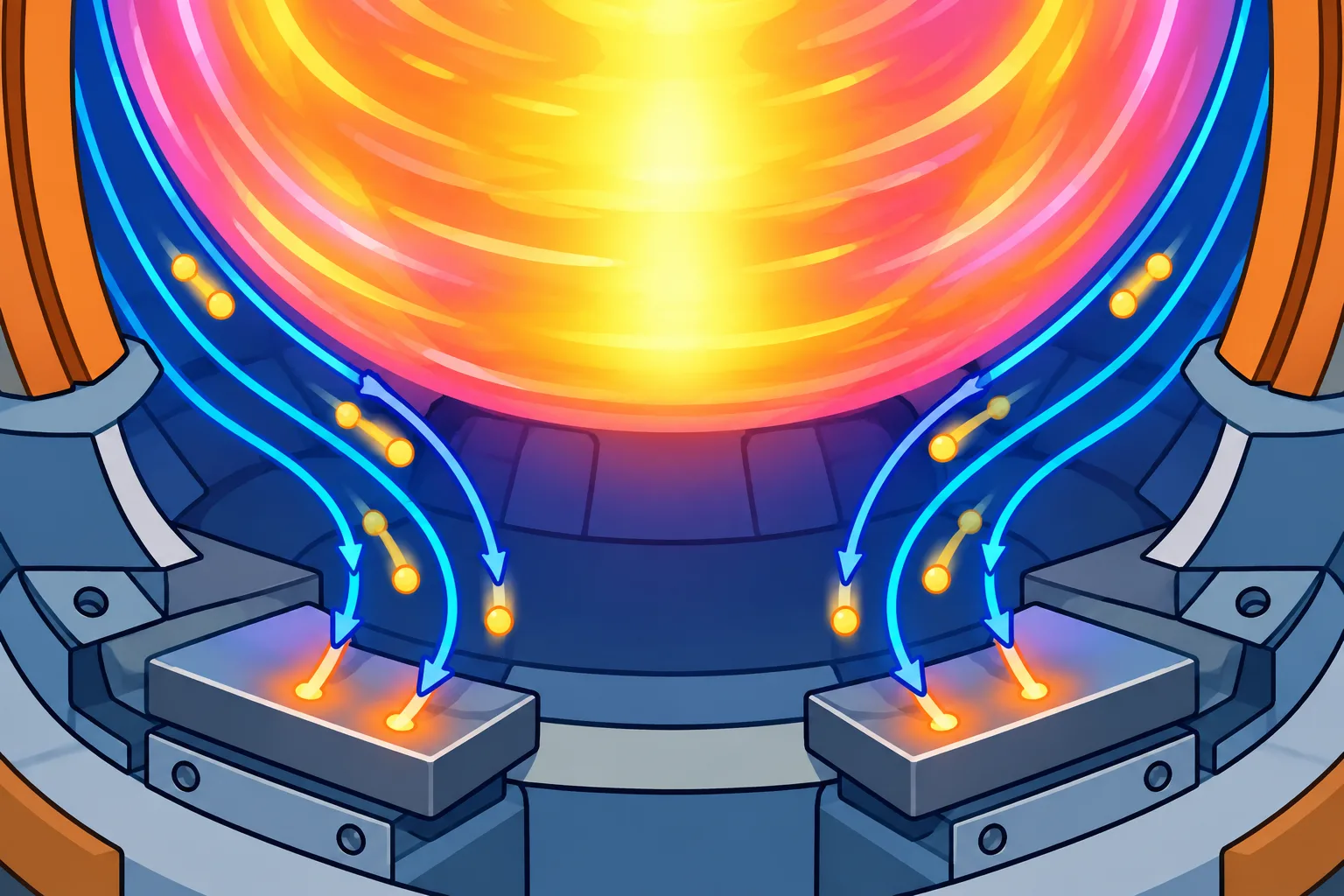 Escaping particles follow edge magnetic paths down to divertor plates beneath the plasma.