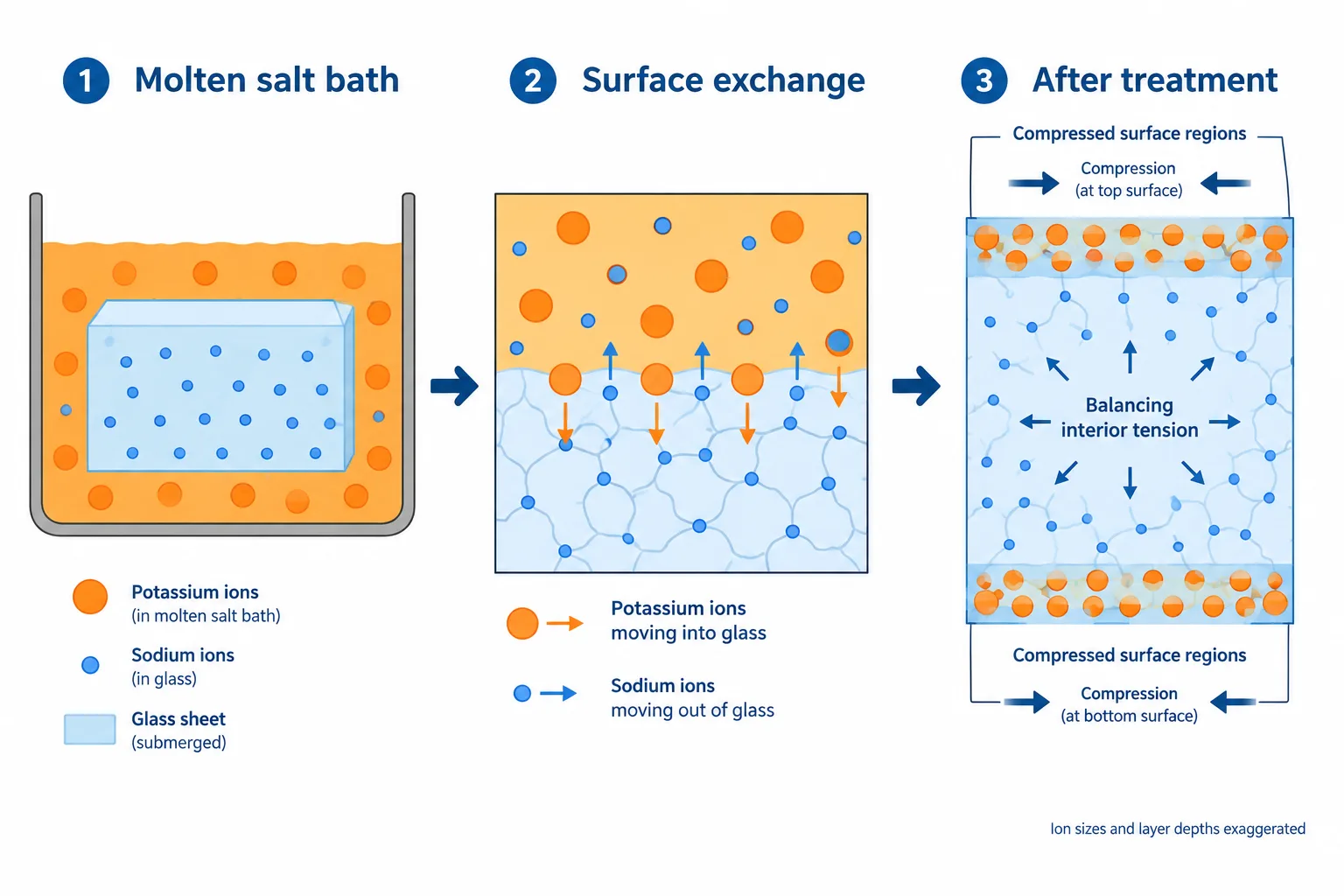 Three stages show immersion in molten salt, potassium replacing sodium near the surface, and compressed surface regions remaining after treatment.