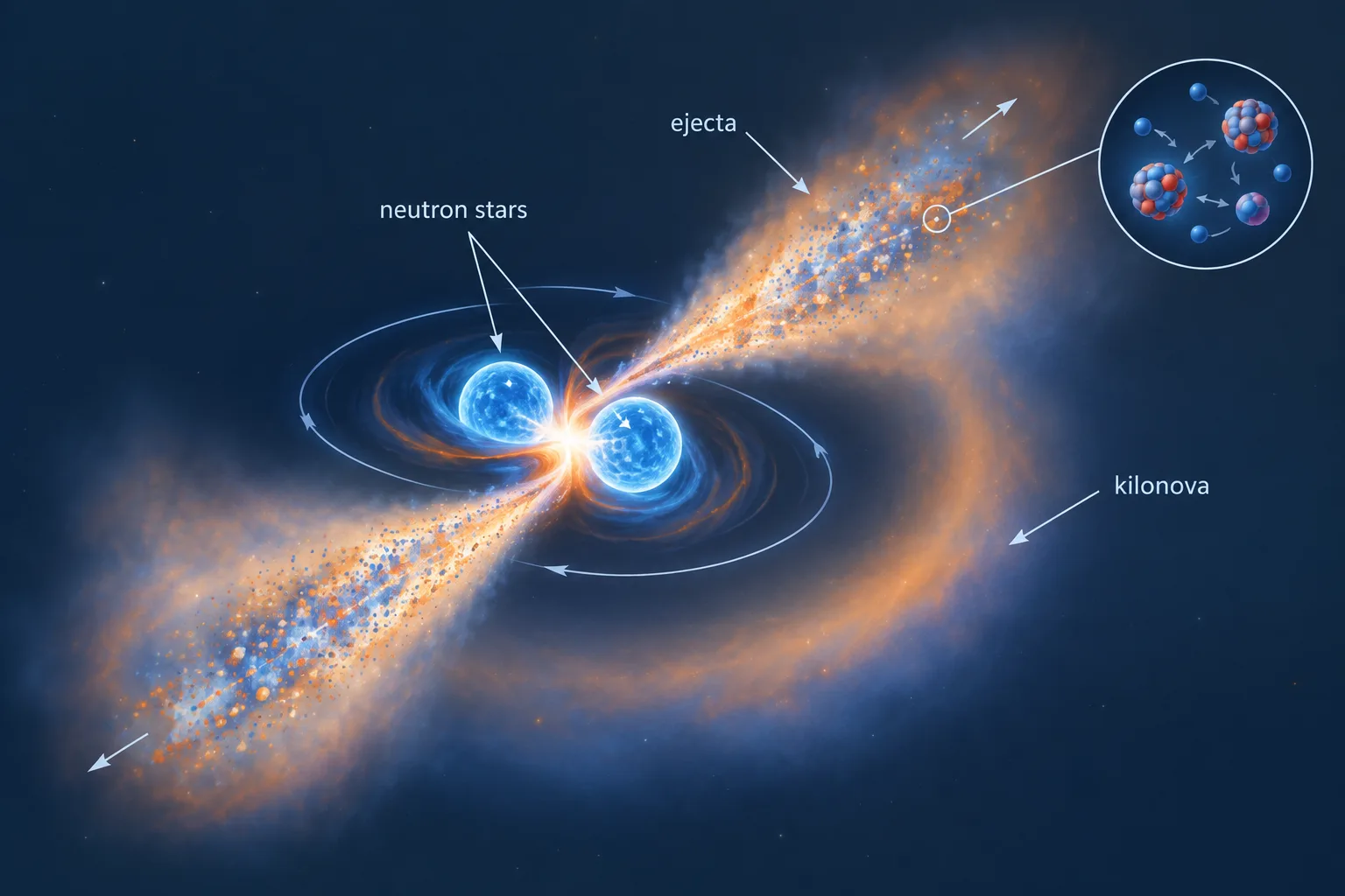 A neutron-star merger ejects neutron-rich matter that forms heavy nuclei and powers a kilonova.