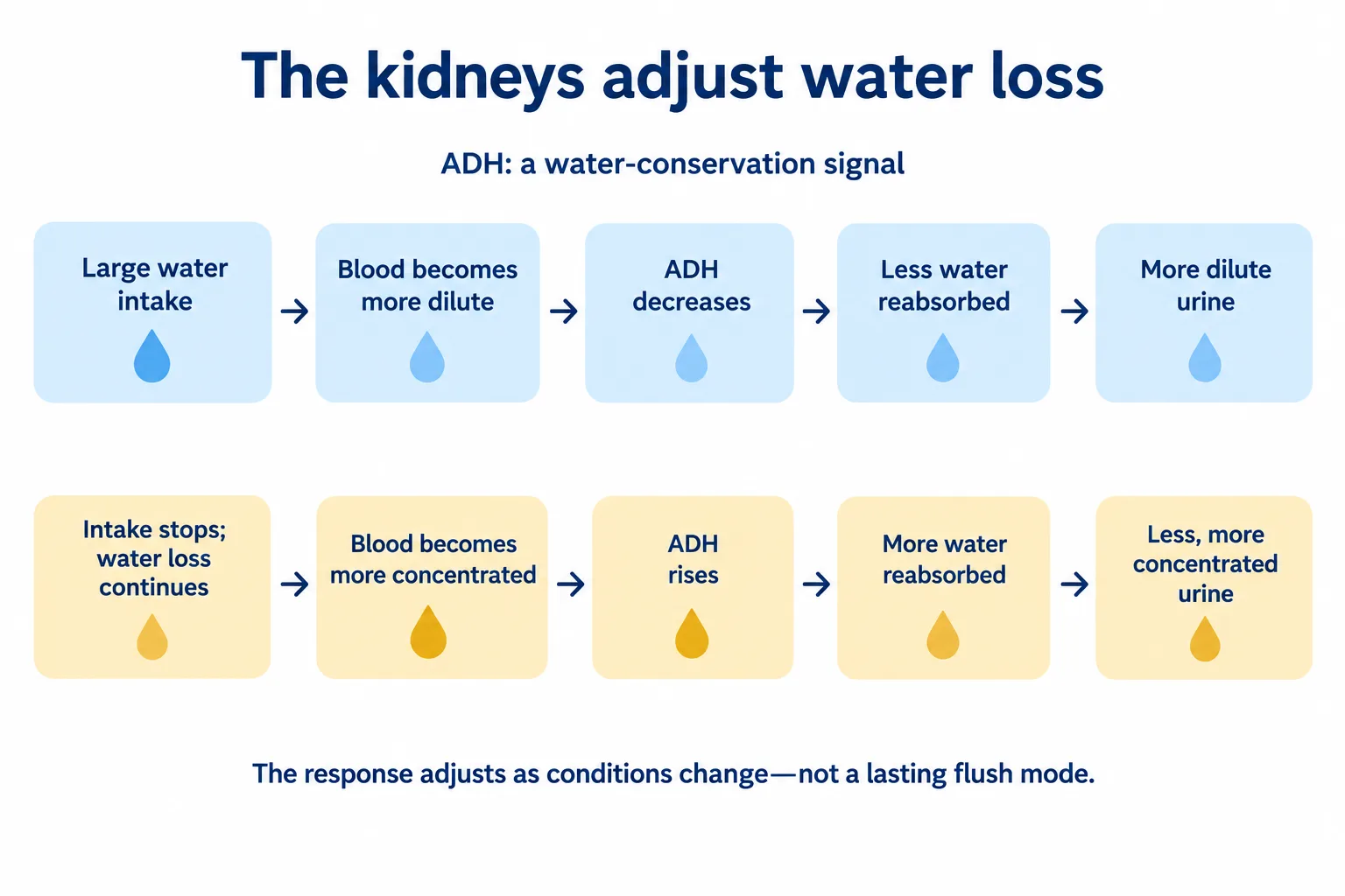 Two flowcharts show how ADH falls after large water intake and rises as continued water loss concentrates the blood.
