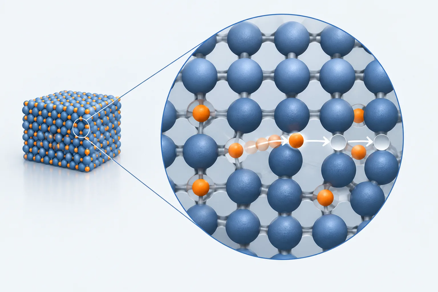 Lithium ions hop between available sites in a solid structure that remains in place.