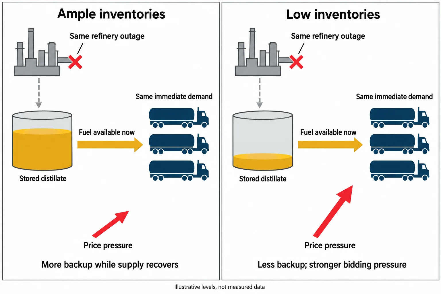 Two identical refinery outages create different price pressures because a well-filled storage tank offers more backup than a nearly empty one.