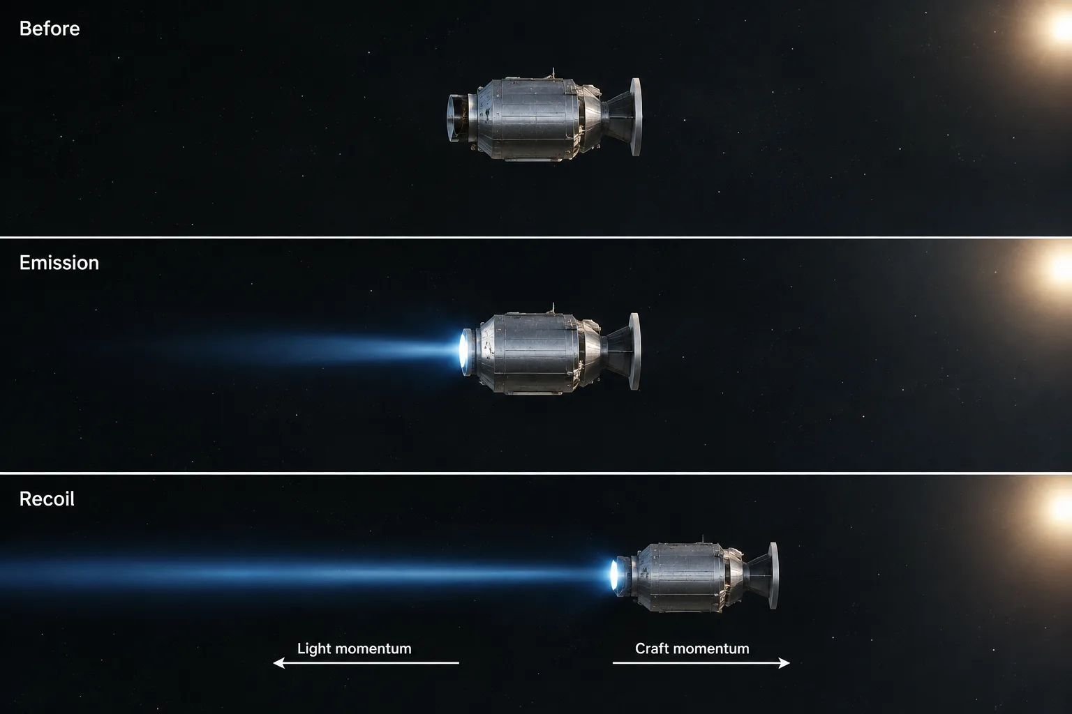 Three stages show a spacecraft emitting light backward and gaining equal momentum forward without striking a target.
