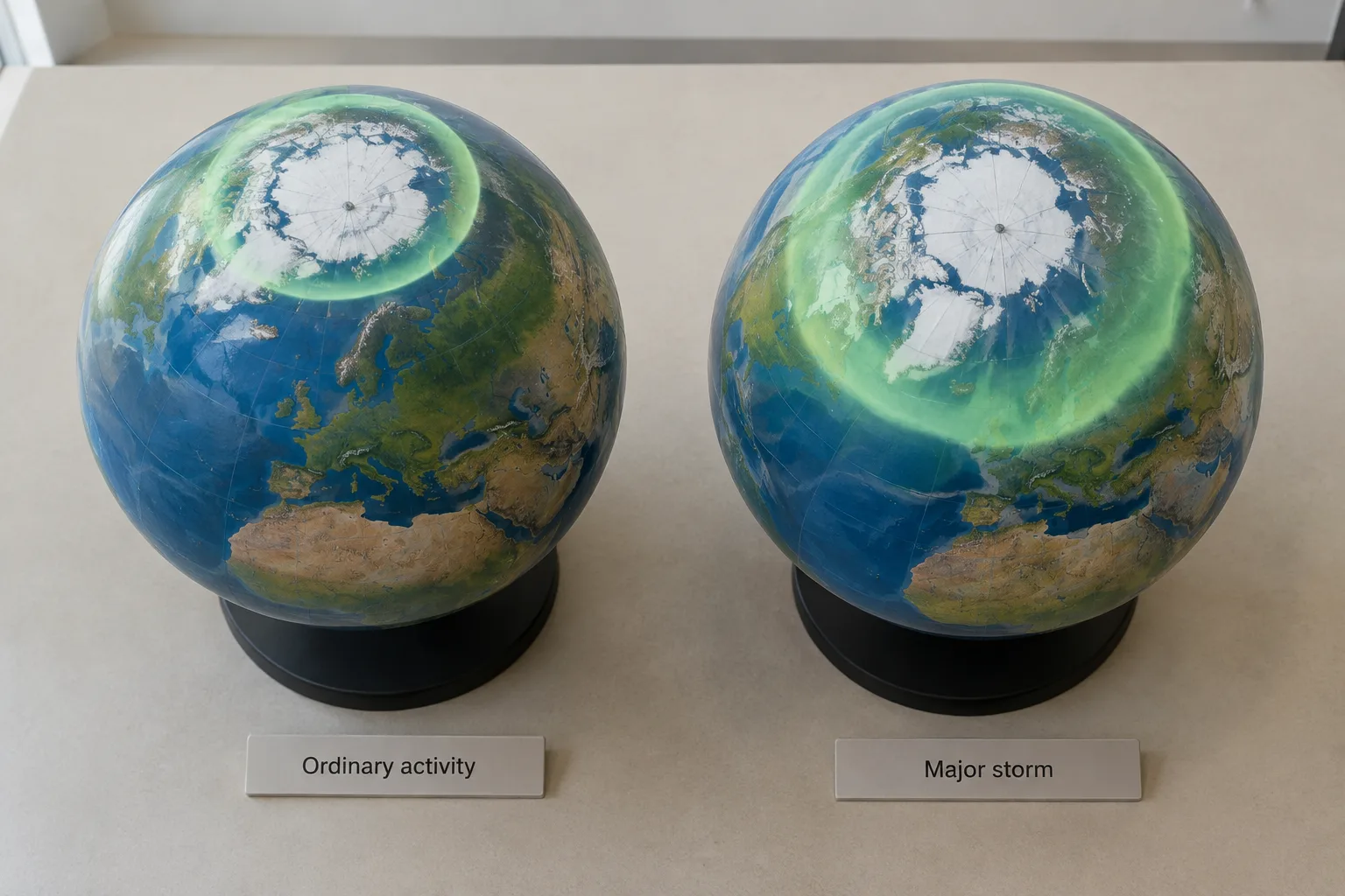 Two globe models show the northern auroral oval confined near the pole and expanded toward lower latitudes during a major storm.