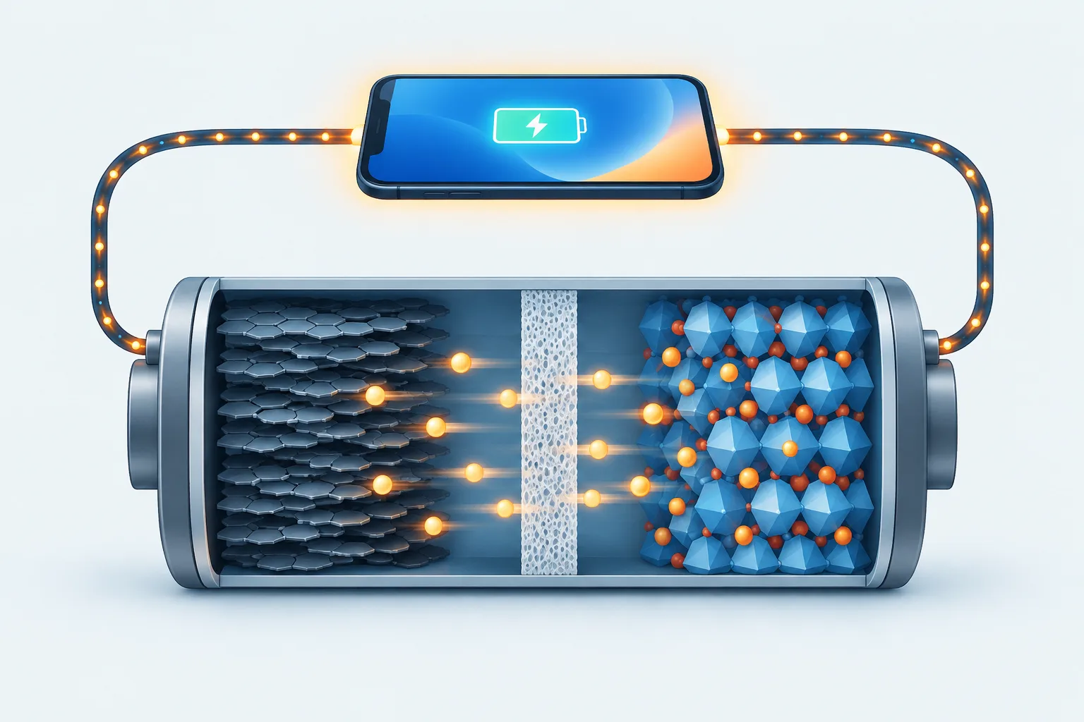 A cutaway battery shows lithium ions crossing its interior while electrons travel through a phone outside it.