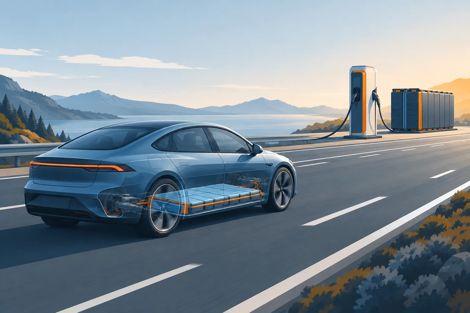 An electric car with a visible underfloor battery approaches a charging station on a long motorway.