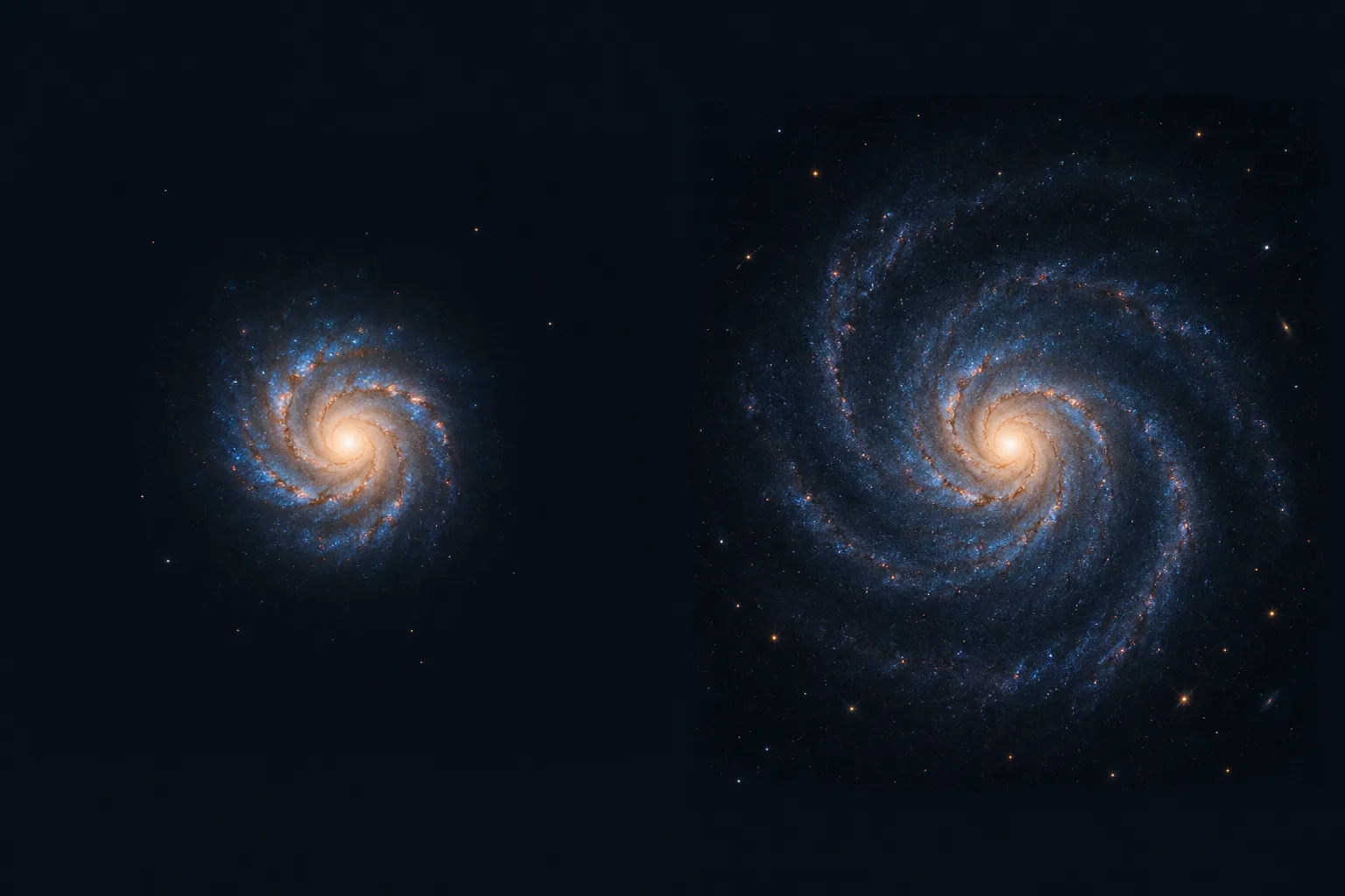 Two views of the same galaxy show a wider disk when fainter light is detectable.