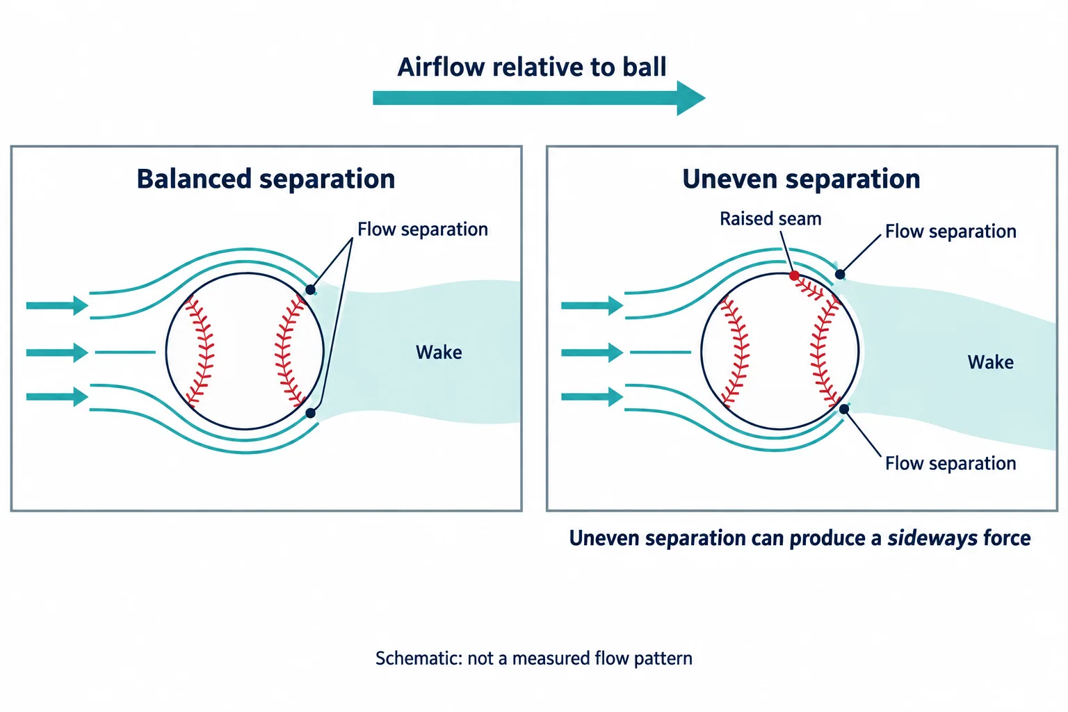 Two schematic airflow patterns compare symmetric separation with uneven separation around a seamed baseball.