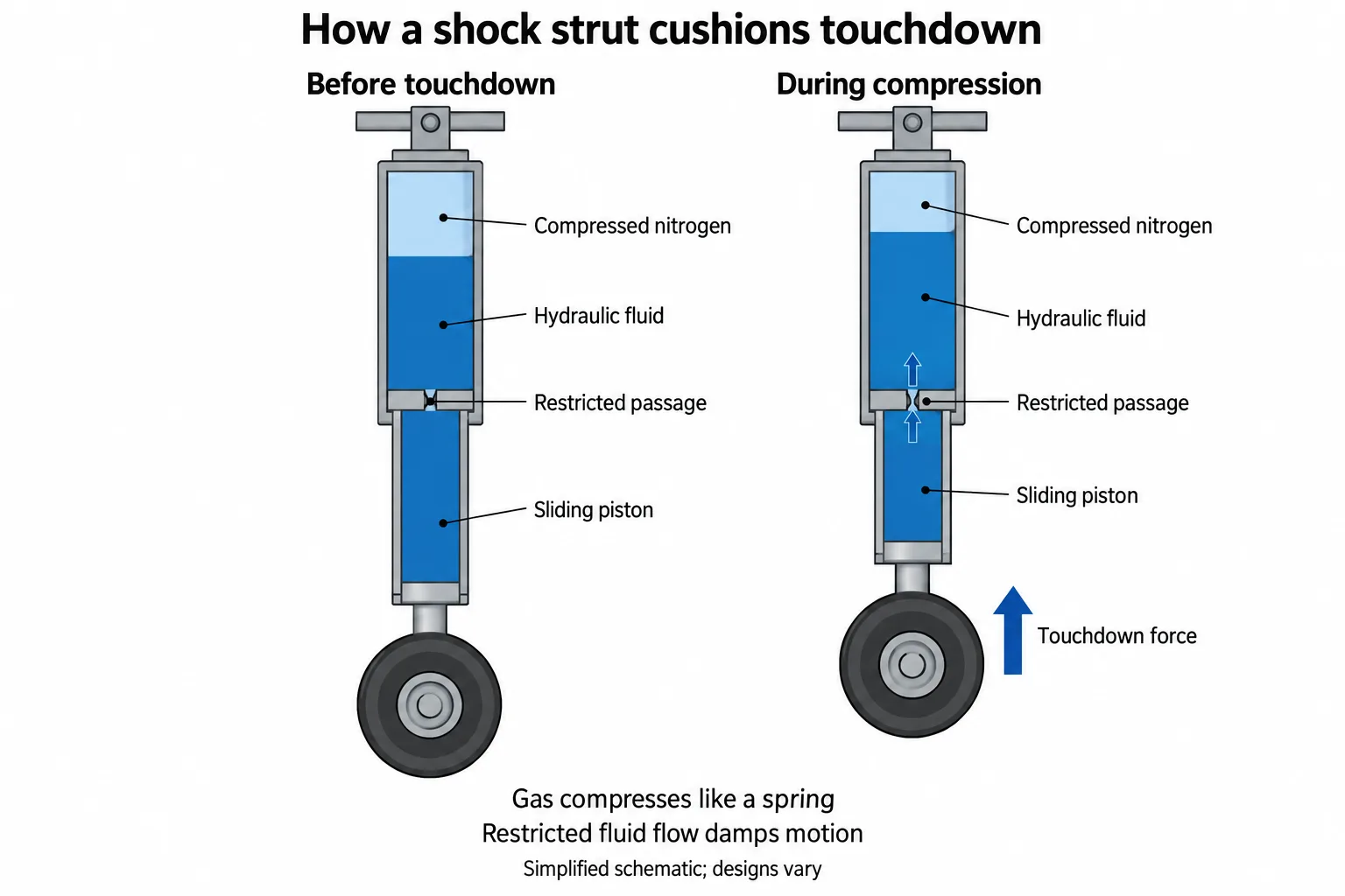 Two strut cross-sections show touchdown shortening the sliding piston, compressing nitrogen, and forcing hydraulic fluid through a restricted passage.