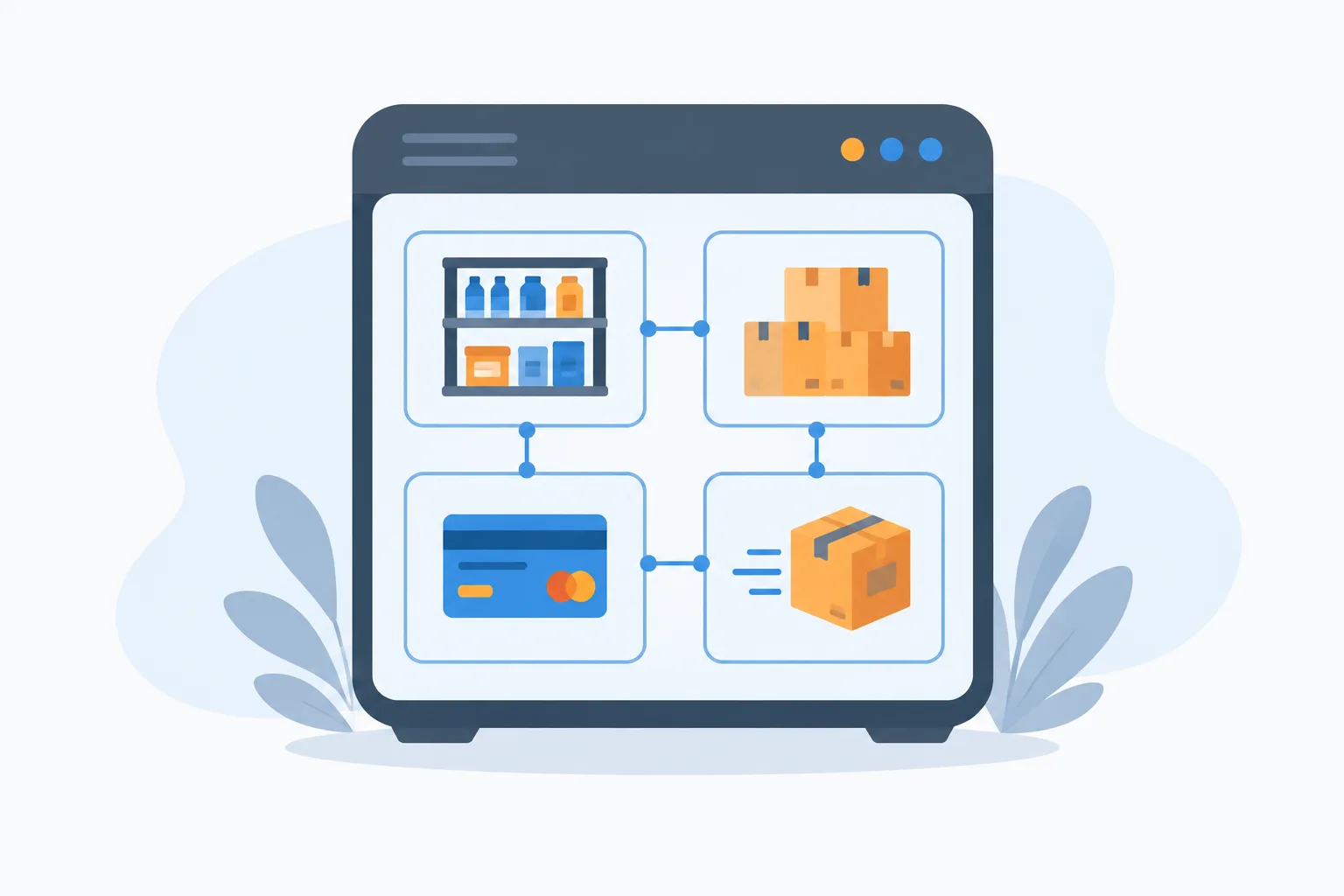 Four distinct store components interact inside one application running on a single server.