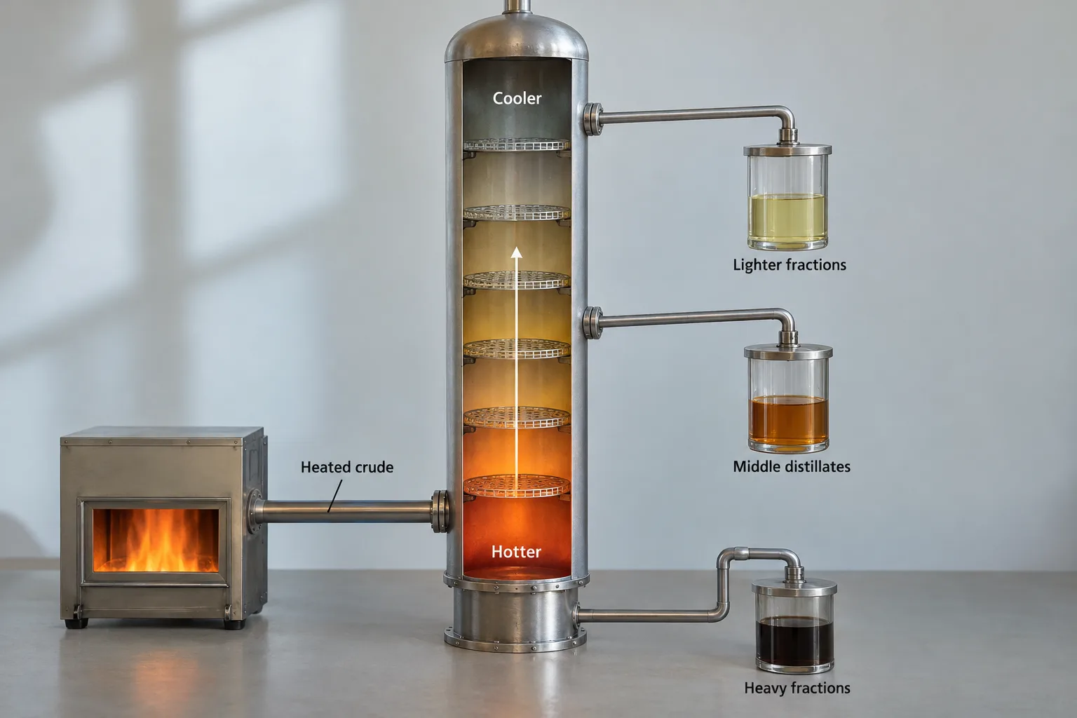 A cutaway distillation model shows lighter fractions leaving higher in the tower and middle distillates leaving lower down.