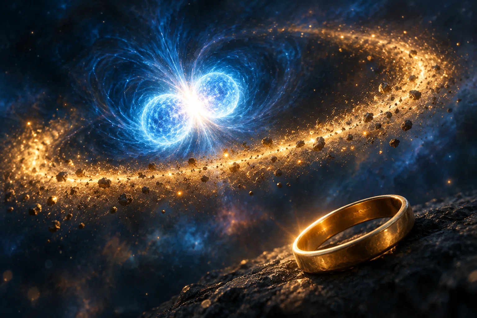 A gold ring sits before the glowing debris of a neutron-star merger.