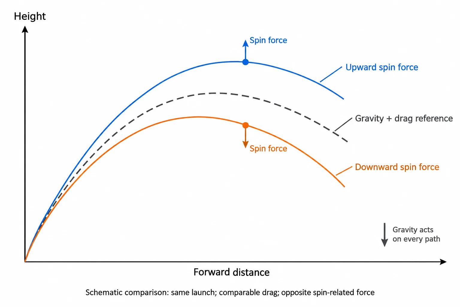 Three trajectories with the same launch show upward spin force keeping a descending ball higher and downward spin force producing extra dip.