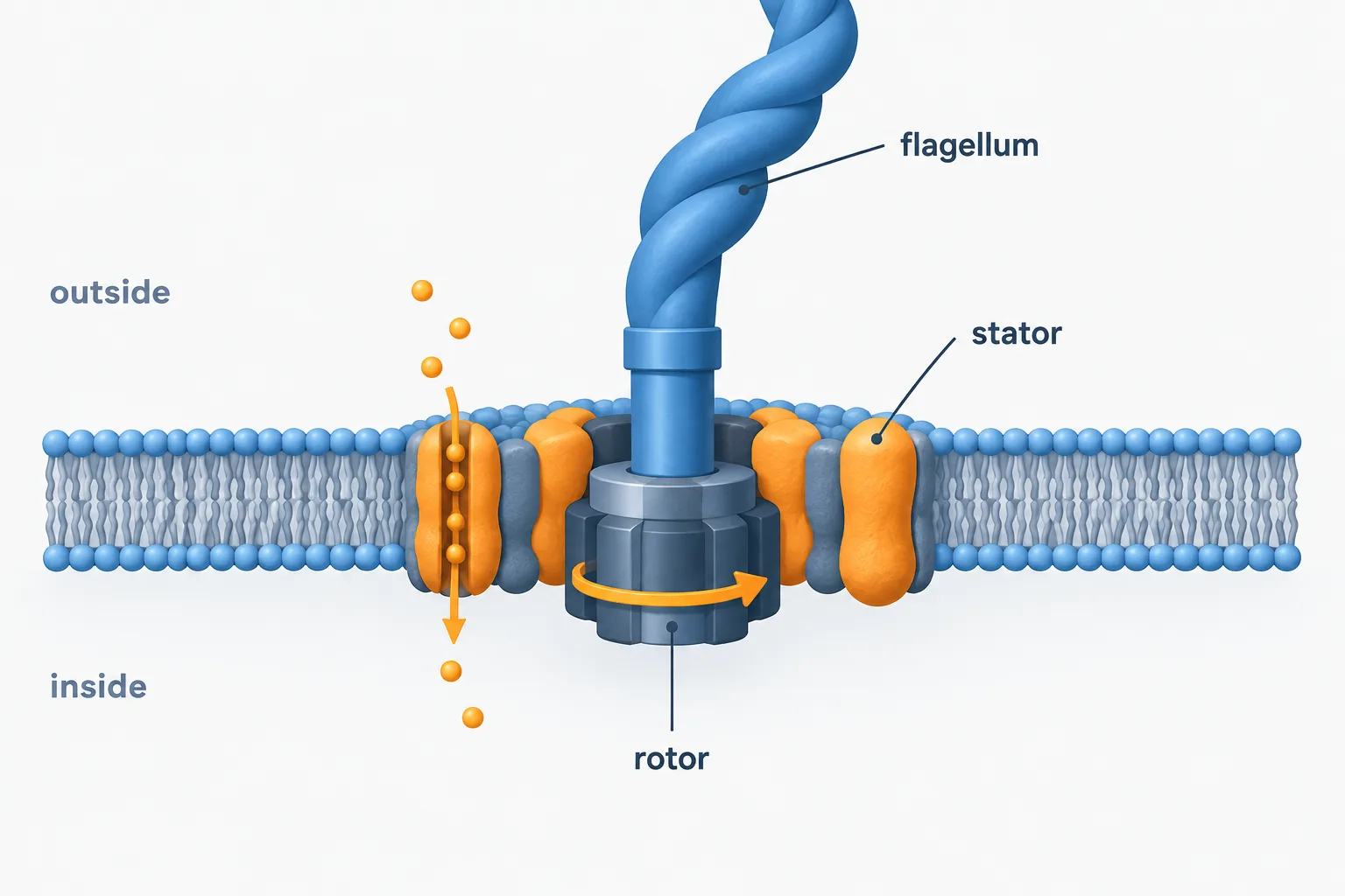 Ions cross through stationary stator proteins around a rotor that turns the external flagellum.