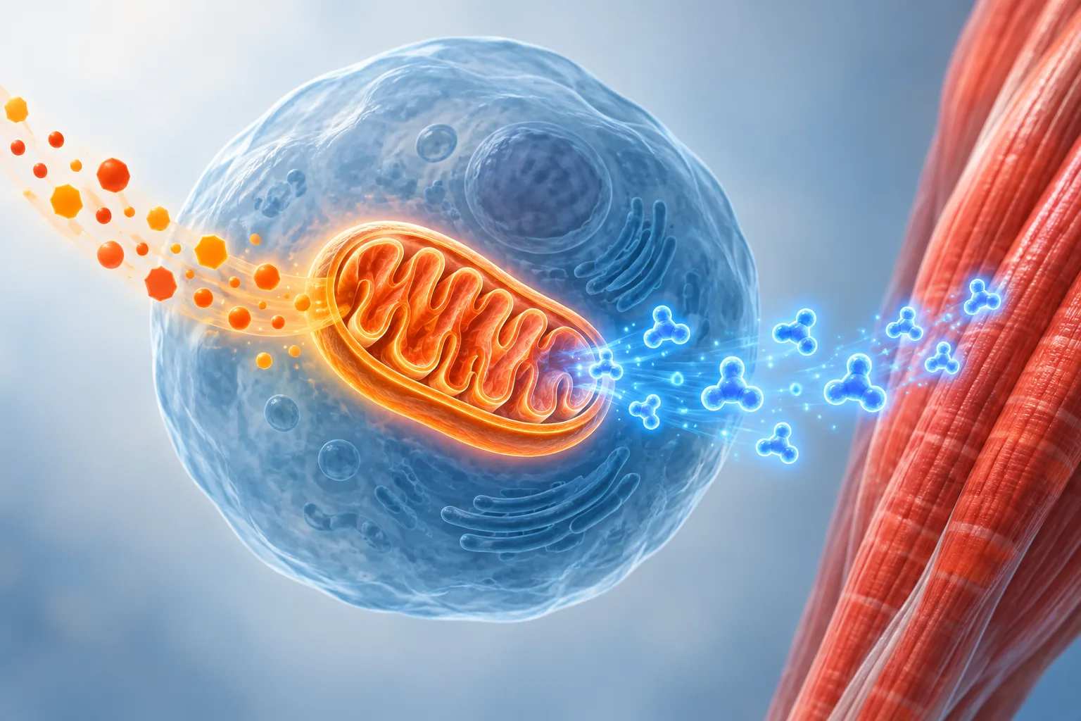 A mitochondrion receives nutrients and sends ATP toward a muscle fiber.