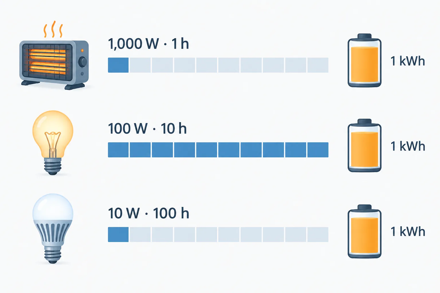 A heater, light bulb, and LED lamp use the same energy over increasingly long running times.