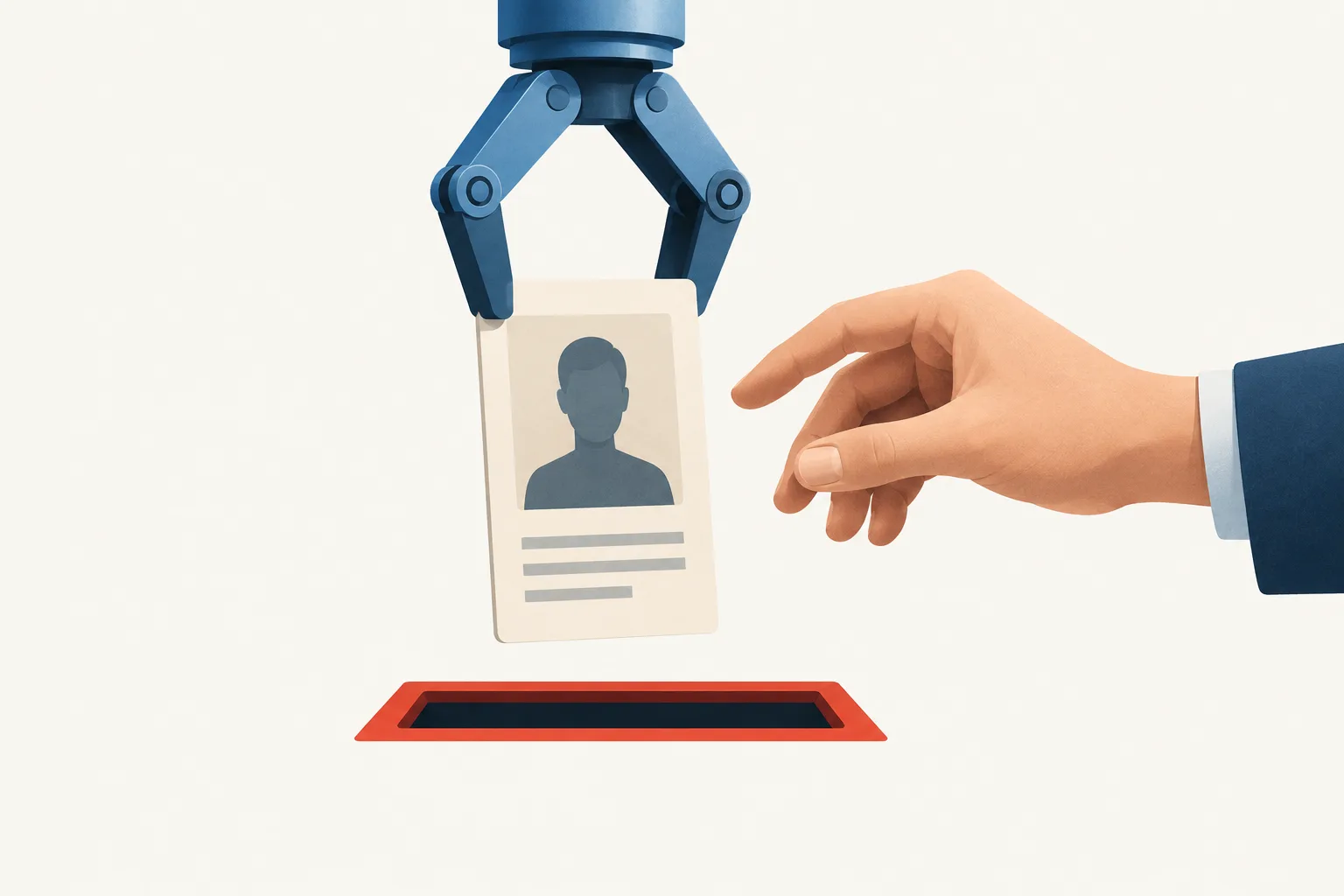A robotic gripper holds an applicant card above a rejection slot while a human hand reaches to intervene.