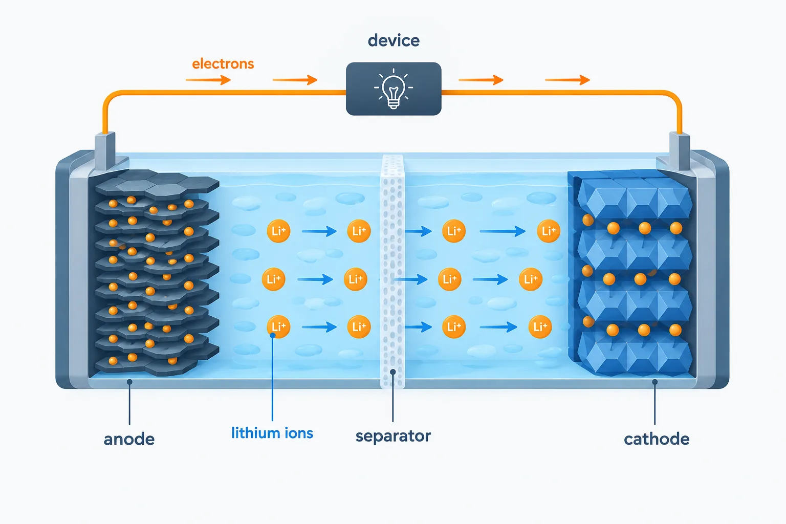 During discharge, lithium ions cross the battery interior while electrons pass through a device on an outside circuit.