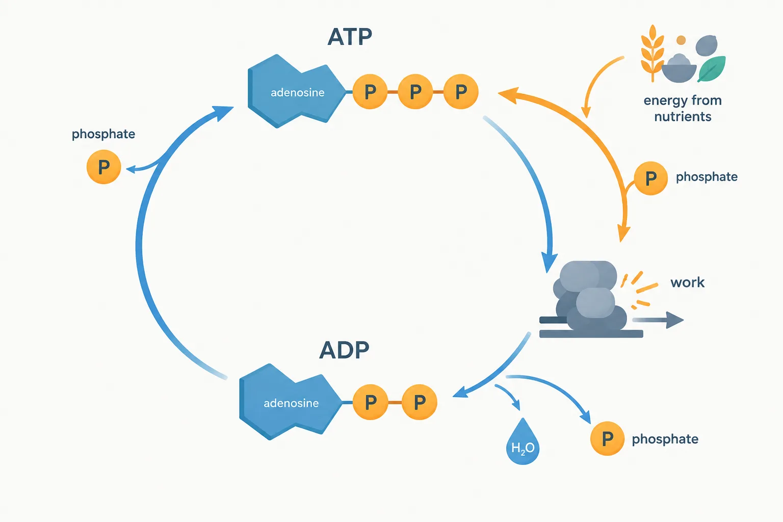 ADP gains a phosphate using nutrient energy to become ATP, which is used for cellular work and returns to ADP.