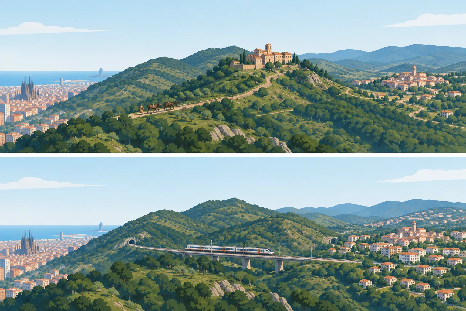 A comparison shows a compact monastery town before the railway and outward-growing neighbourhoods after the rail connection.