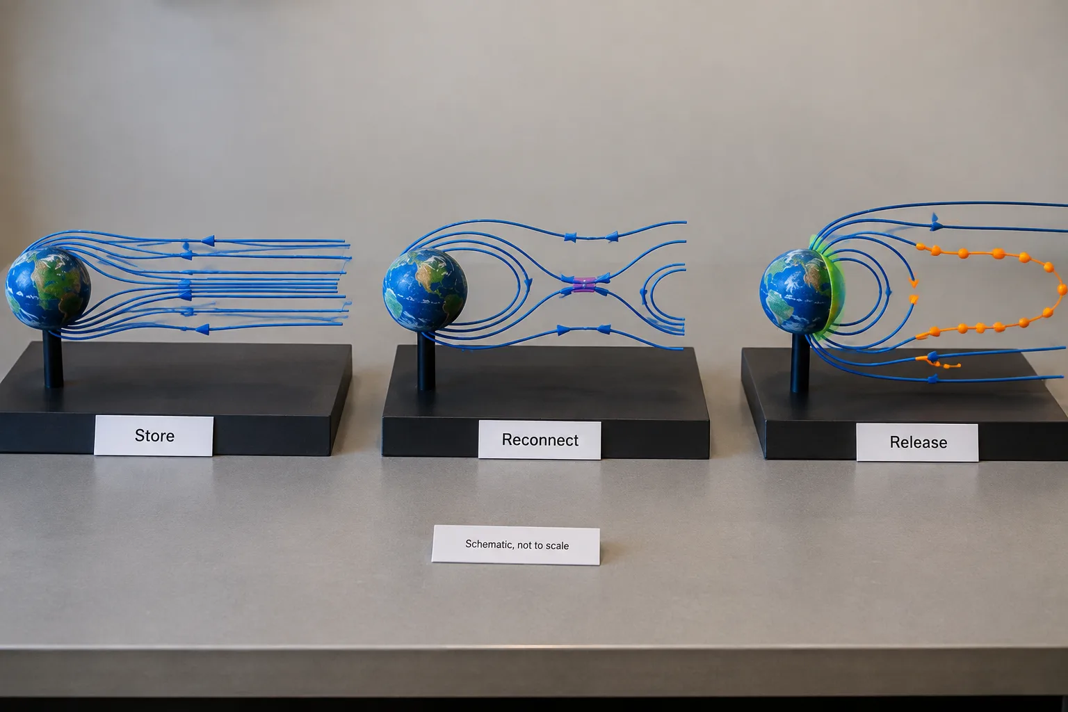 Three physical models show stretched magnetotail fields storing energy, reconnecting, and releasing energy toward Earth’s auroral regions.