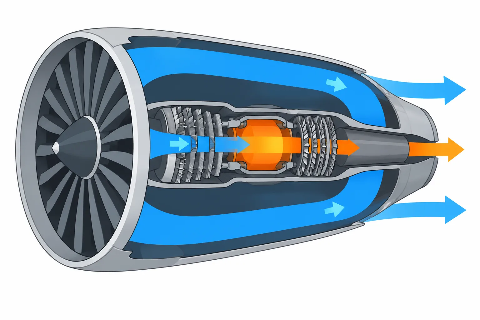 A cutaway turbofan shows a large blue bypass airflow surrounding the smaller, orange fuel-burning core.