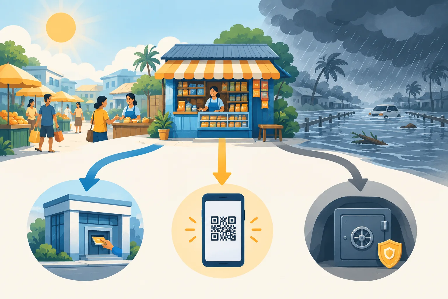 A shop connects to banking, digital payments, and reserves as storm clouds approach.