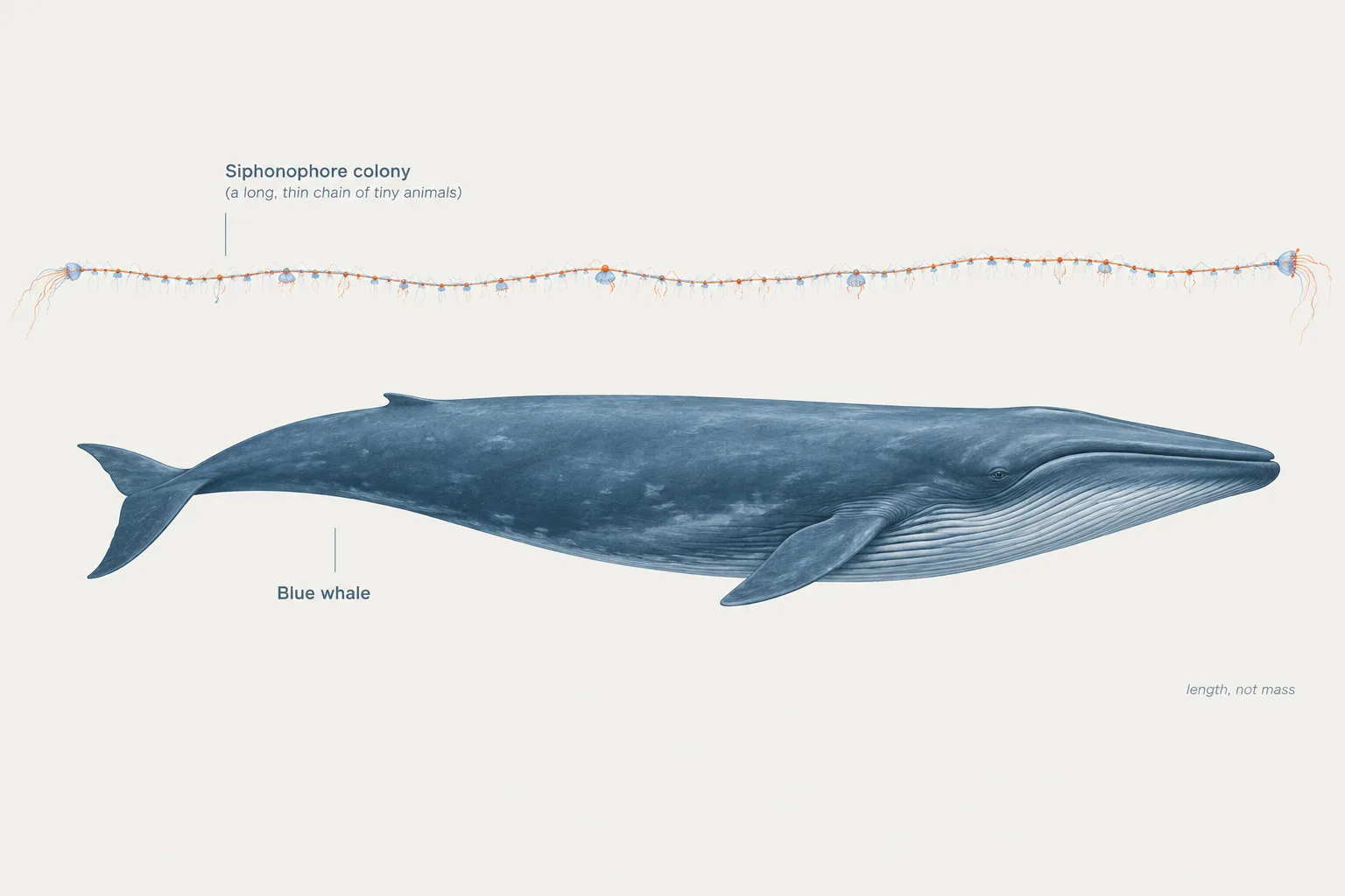 A thin siphonophore extends beyond a blue whale silhouette while having far less bulk.