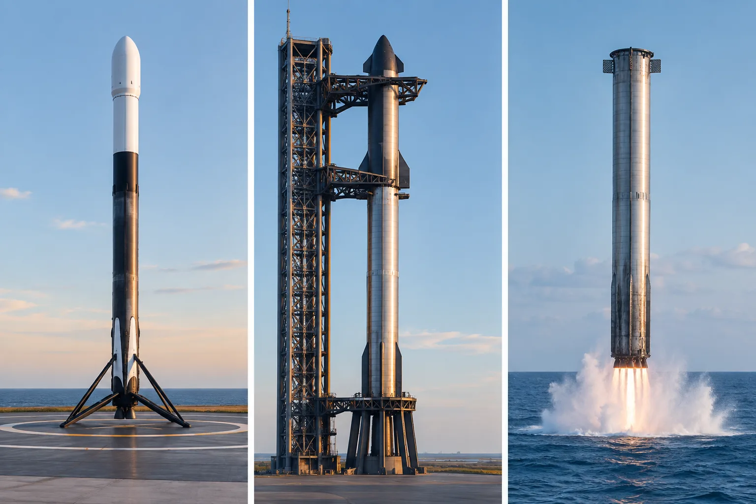 A landing pad supports a rocket on legs, a tower supports one with arms, and open water provides no solid support.