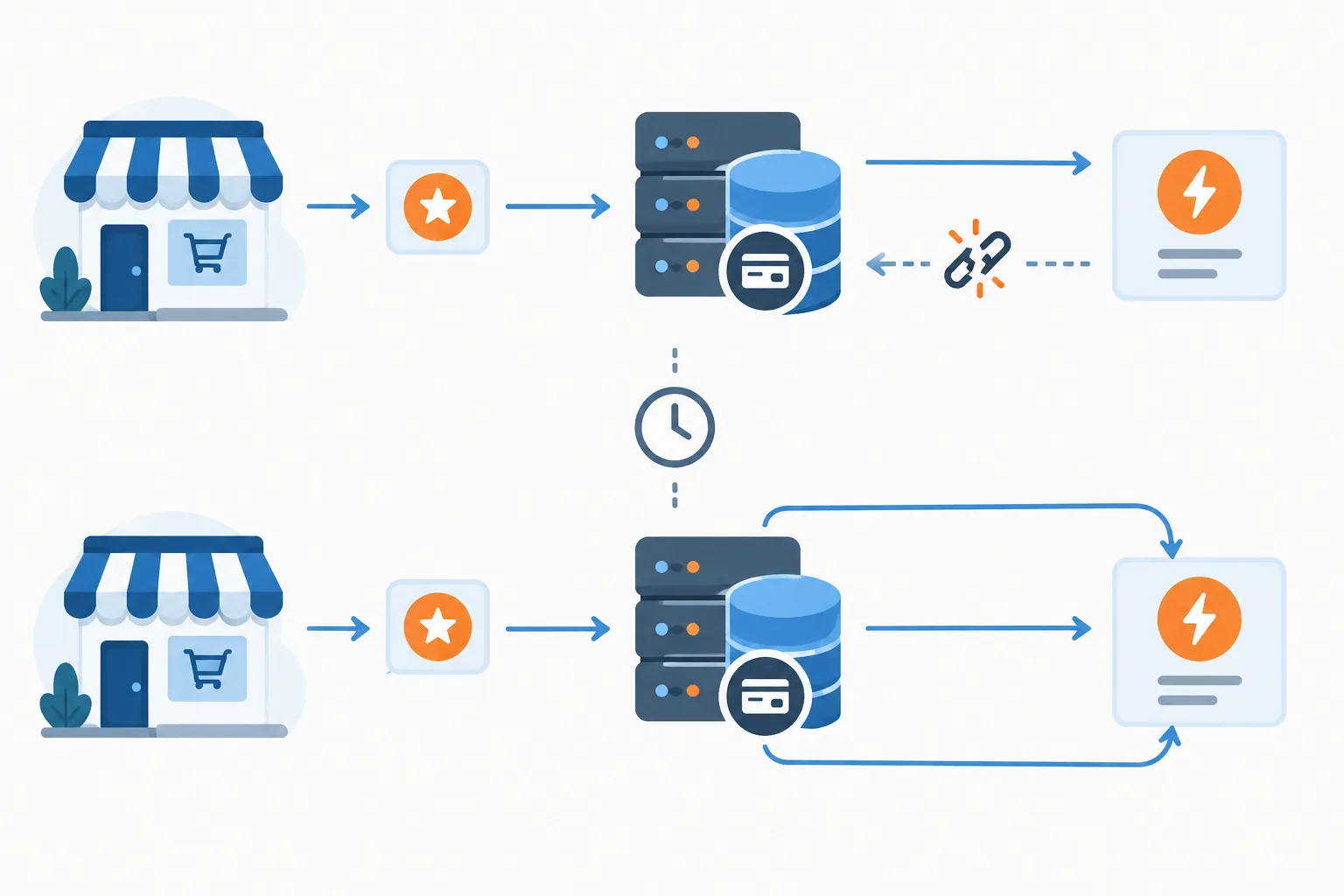 A lost payment response leads to a retry with the same identifier, which maps to one charge.