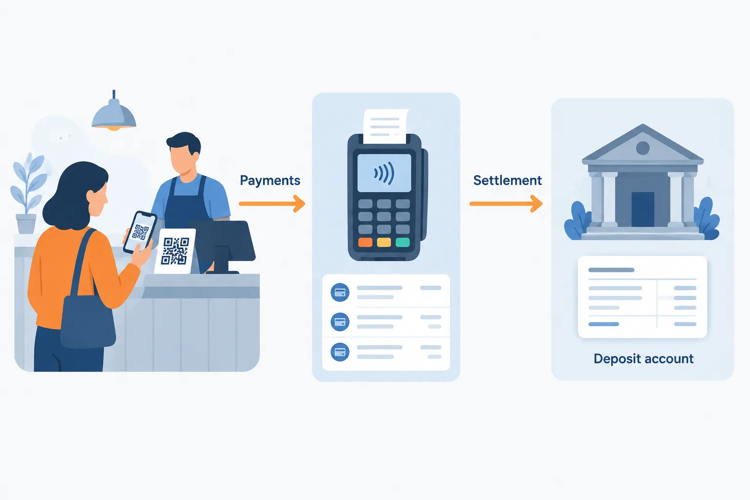 Customer payments pass through merchant services before settlement into a separate deposit account.