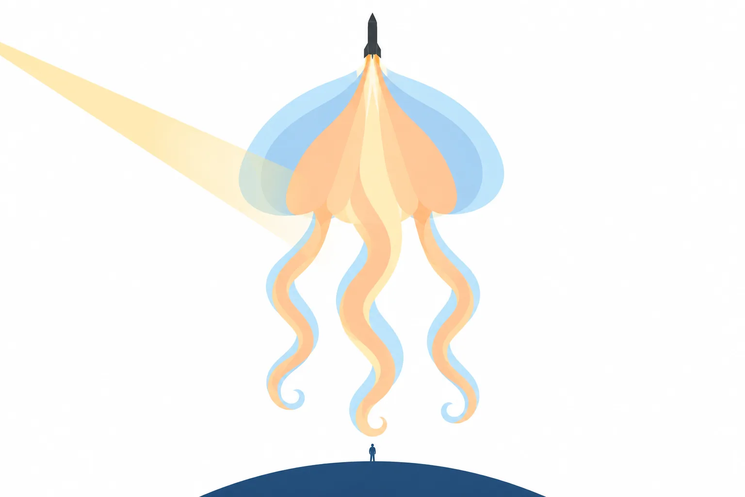 A rocket’s broad, sunlit exhaust resembles a glowing jellyfish above a dark curved horizon.