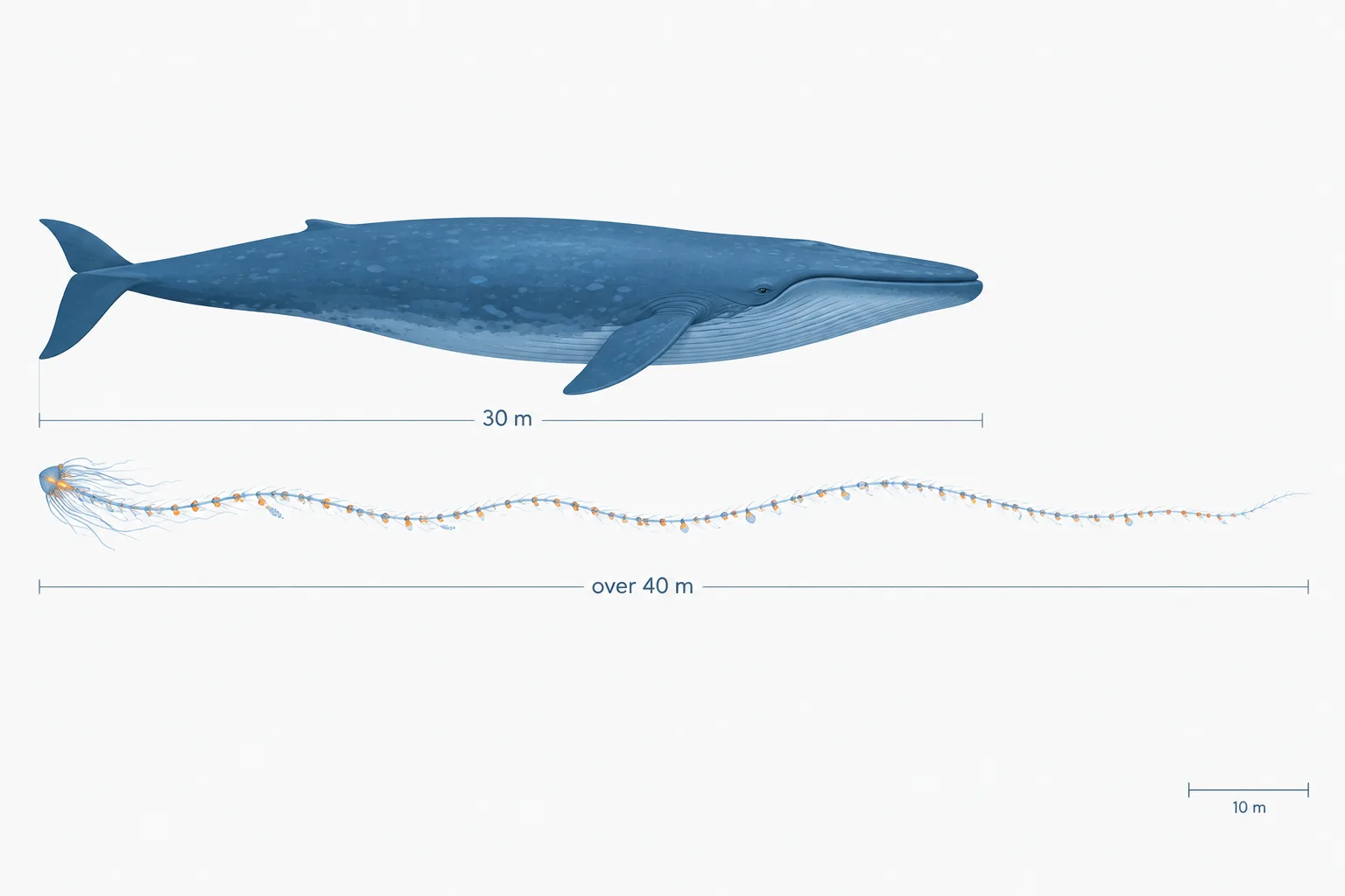 A thin siphonophore colony extends farther than a blue whale while having far less bulk.
