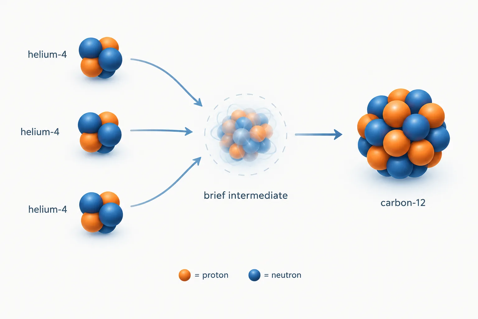 Three helium-4 nuclei combine through a brief intermediate stage to make carbon-12.