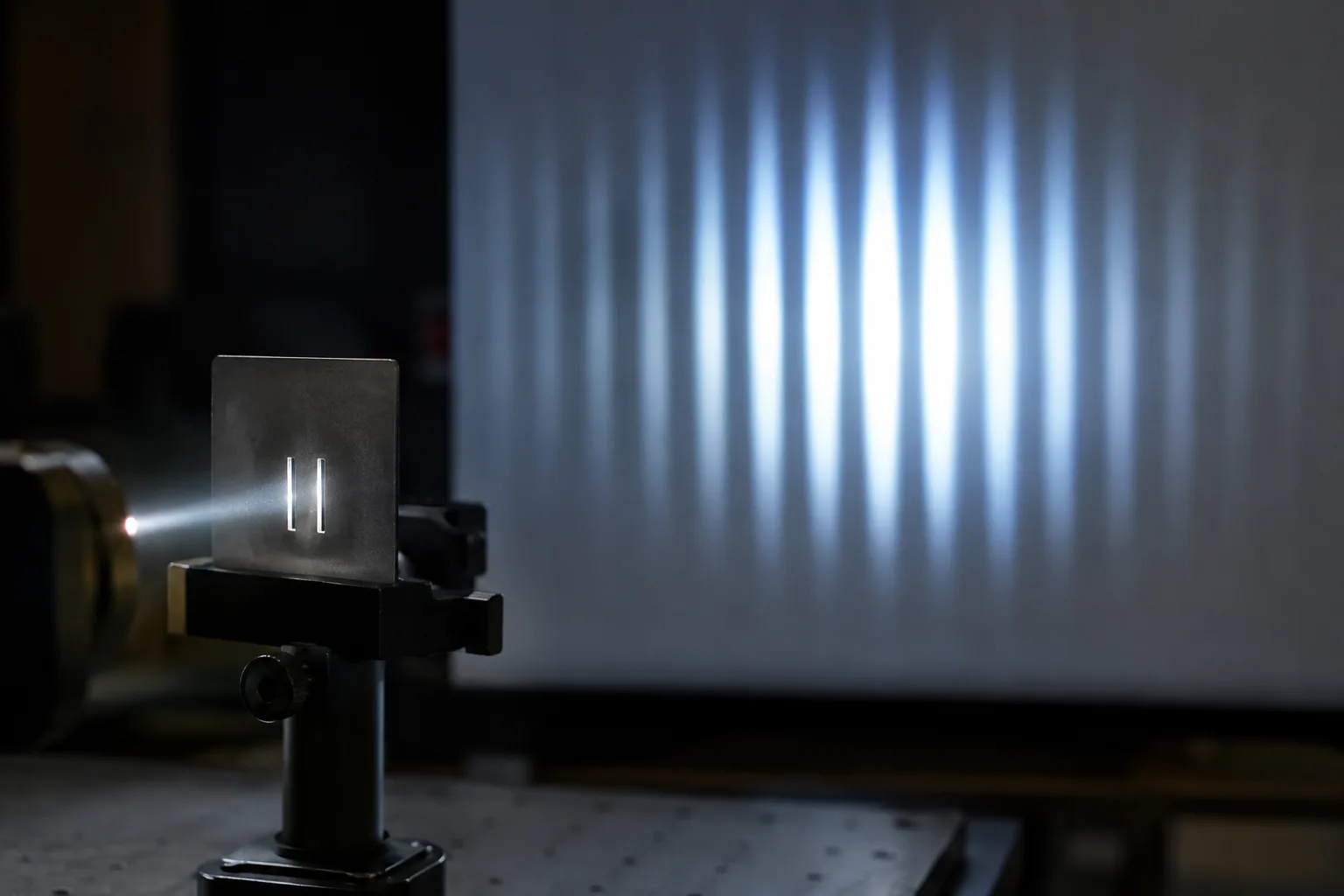 Light passing through two slits forms alternating bright and dark bands on a screen.