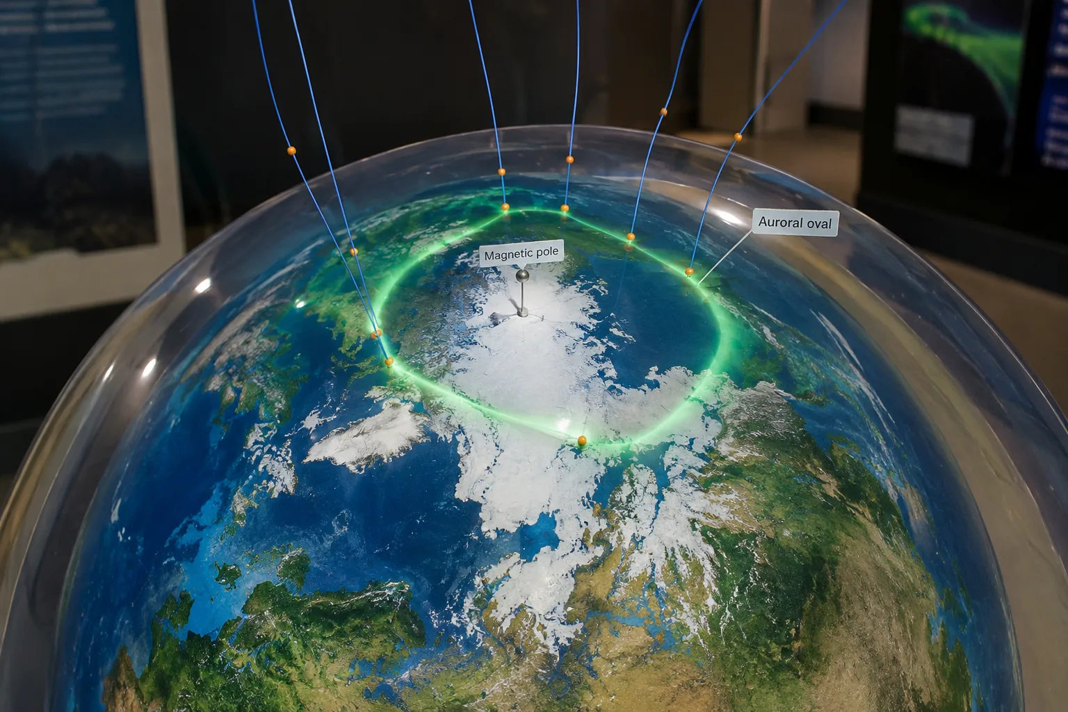 A polar-view Earth model shows particles descending along curved field lines into an auroral oval surrounding the magnetic pole.