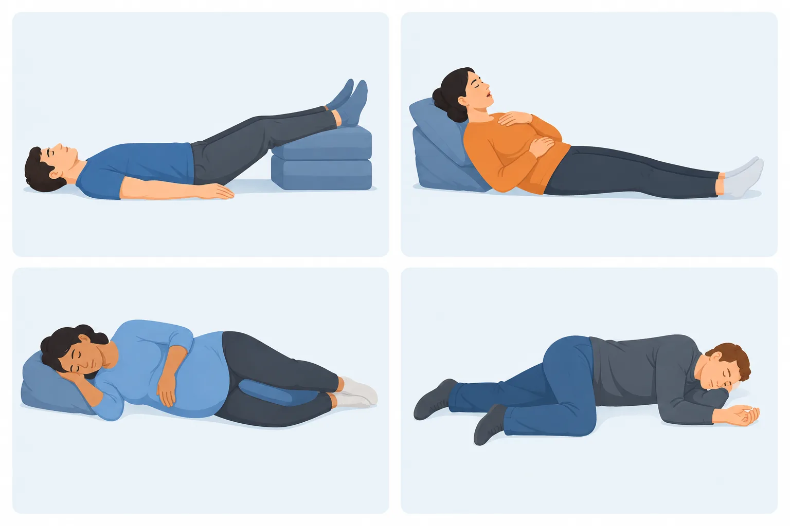 Four diagrams show lying flat with raised legs, supported breathing, left-side pregnancy positioning, and the recovery position.