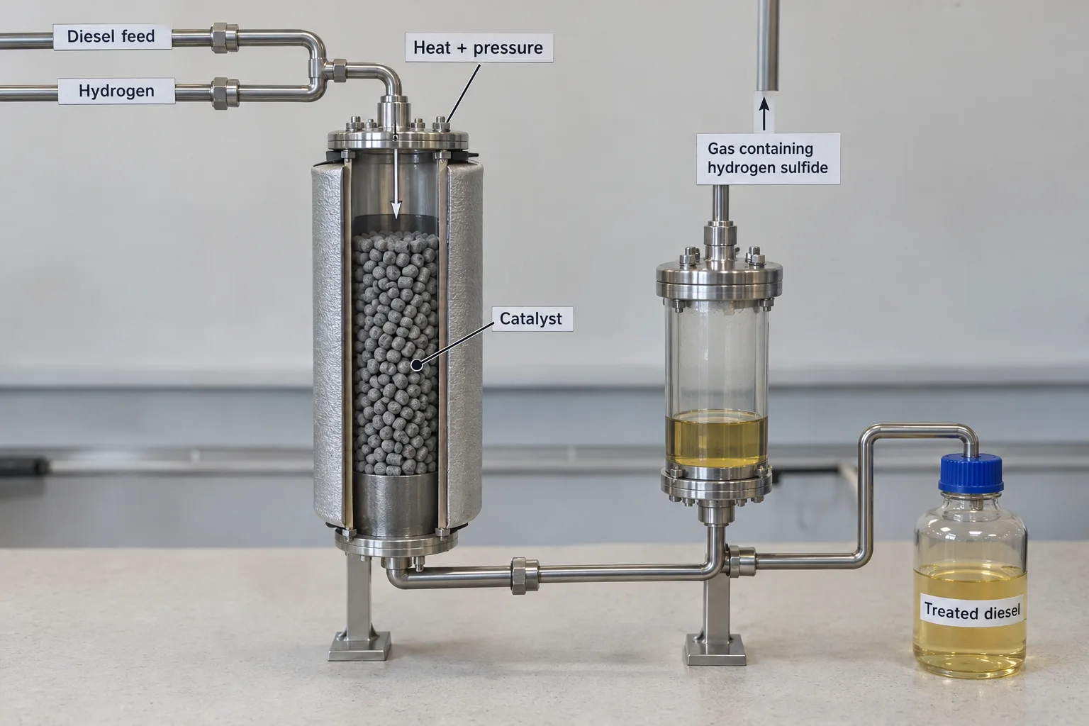 A hydrotreating model shows diesel and hydrogen entering a heated catalyst reactor before gas is separated from treated fuel.