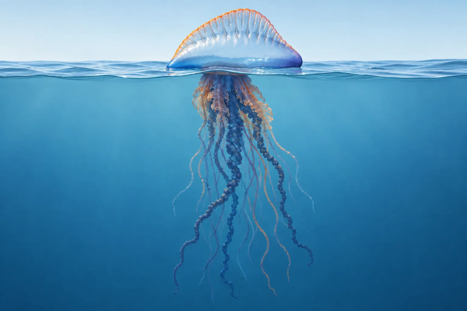 The float sits at the surface above connected feeding structures and trailing hunting tentacles.