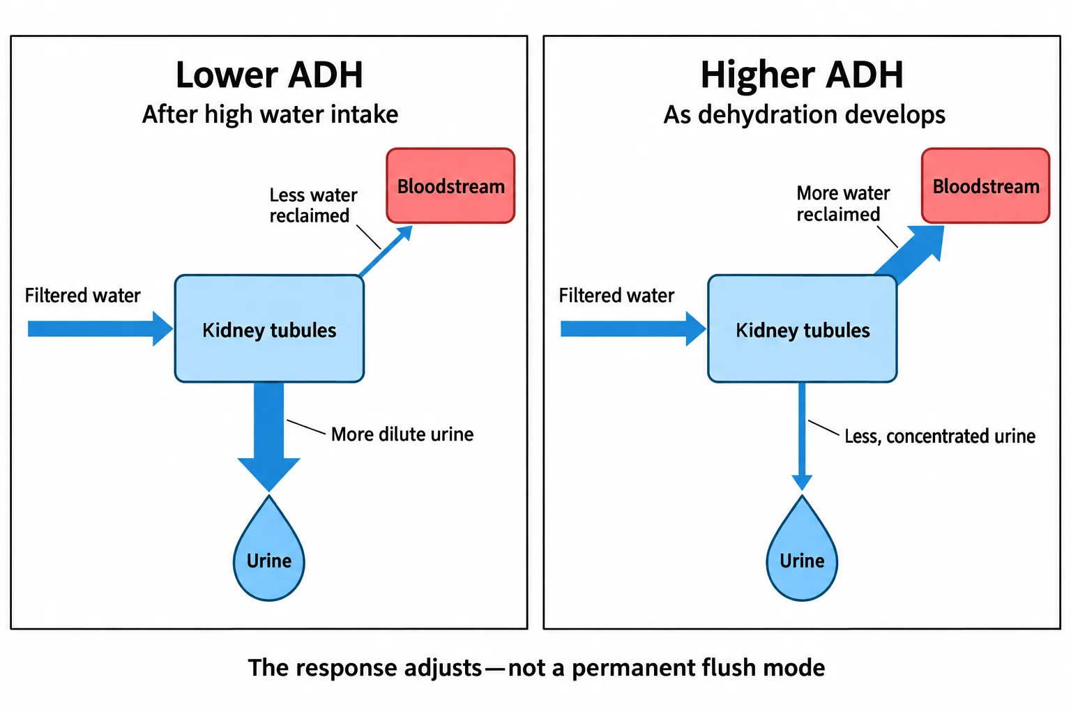 Two schematic panels show lower ADH favoring dilute urine and higher ADH returning more water to the bloodstream.