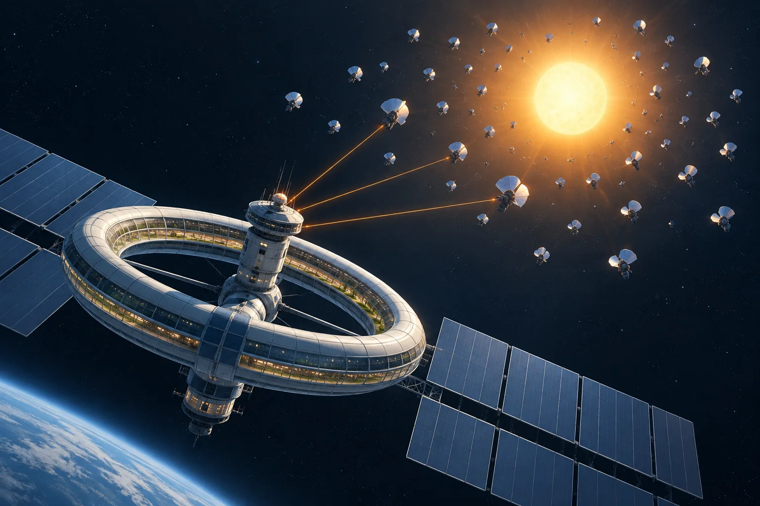 A swarm of separate collectors surrounds a star and supplies a nearby space habitat.