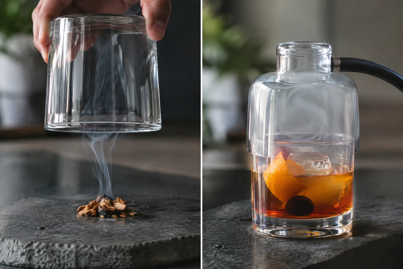 An inverted empty glass catches smoke on the left, while smoke is trapped above a finished cocktail on the right.