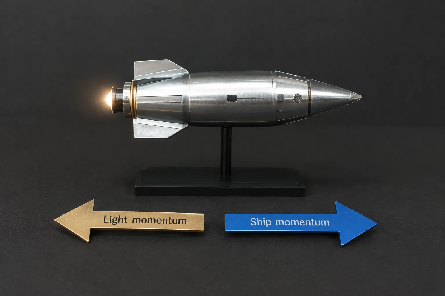 A spacecraft model shows light carrying momentum backward while the ship gains equal forward momentum.