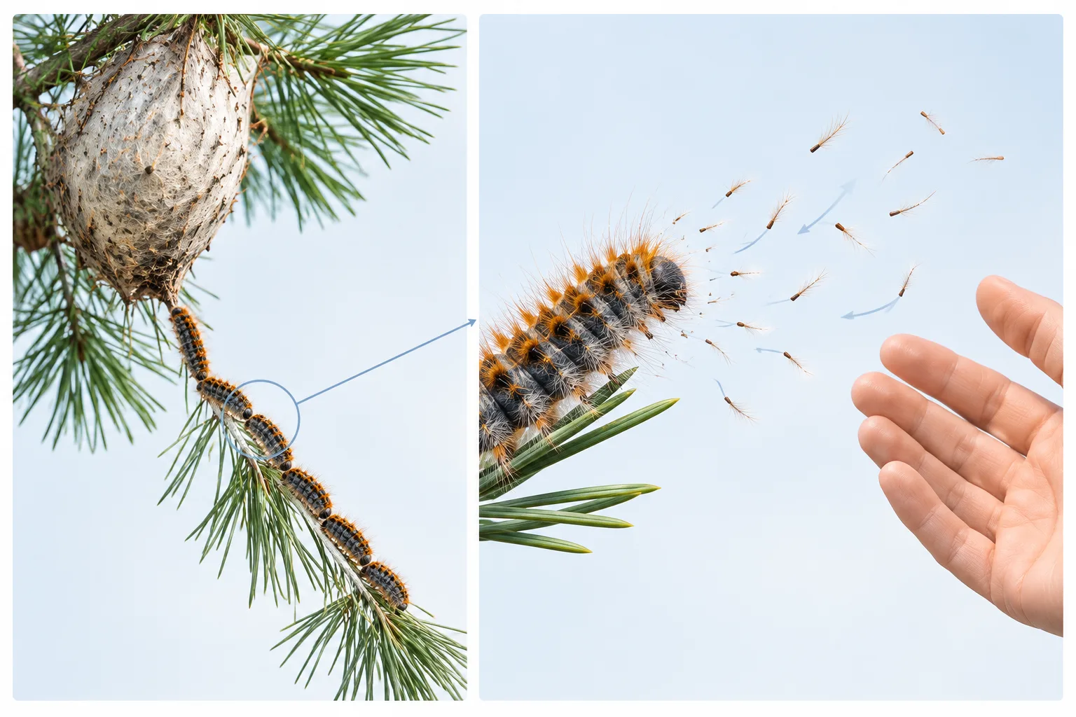 Tiny hairs drift from pine processionary caterpillars toward a hand without direct contact.