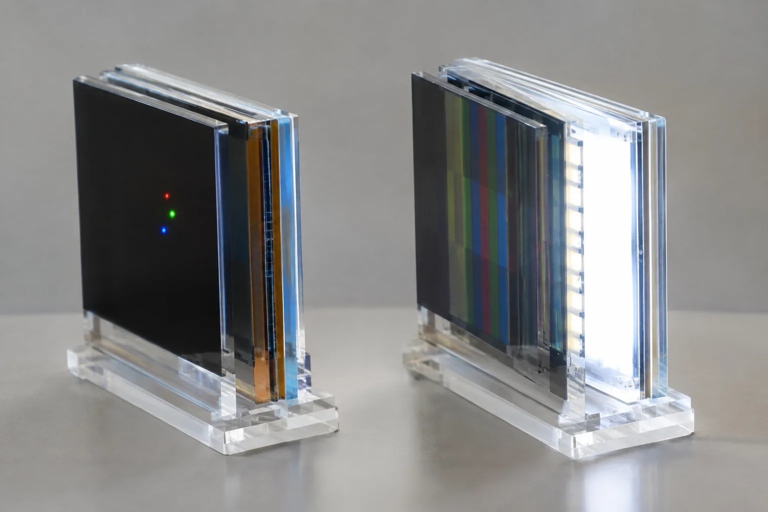 Side-by-side cutaways show OLED elements lighting individually and an LCD illuminated by a shared backlight.