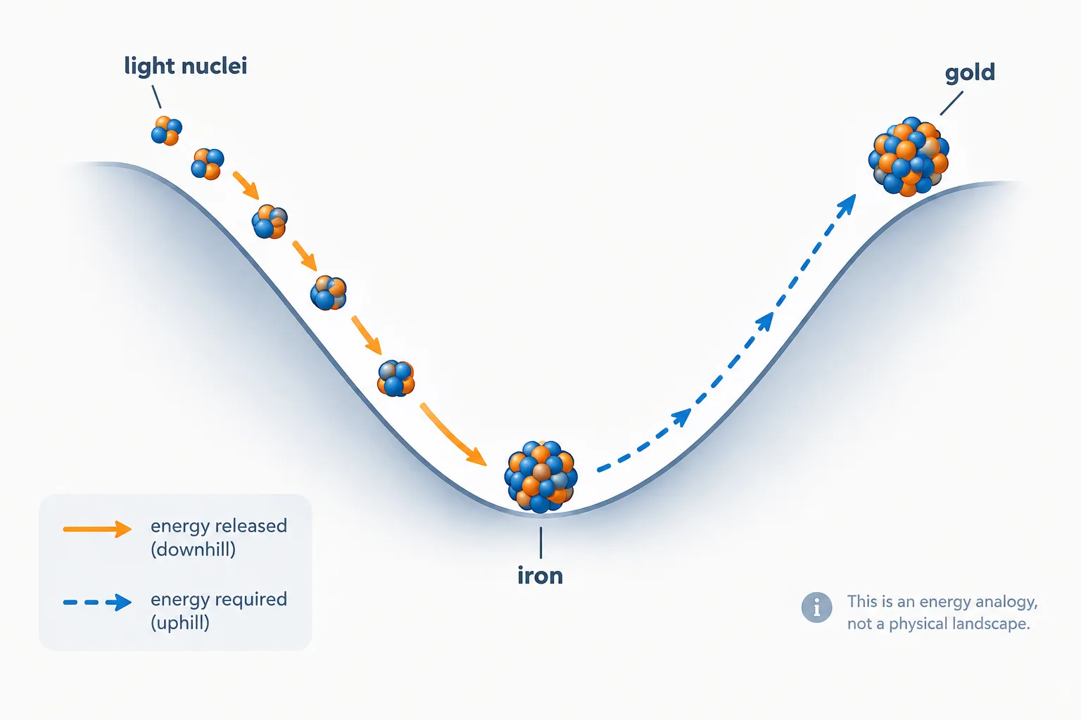 Fusion releases energy toward iron but requires energy to build heavier nuclei.