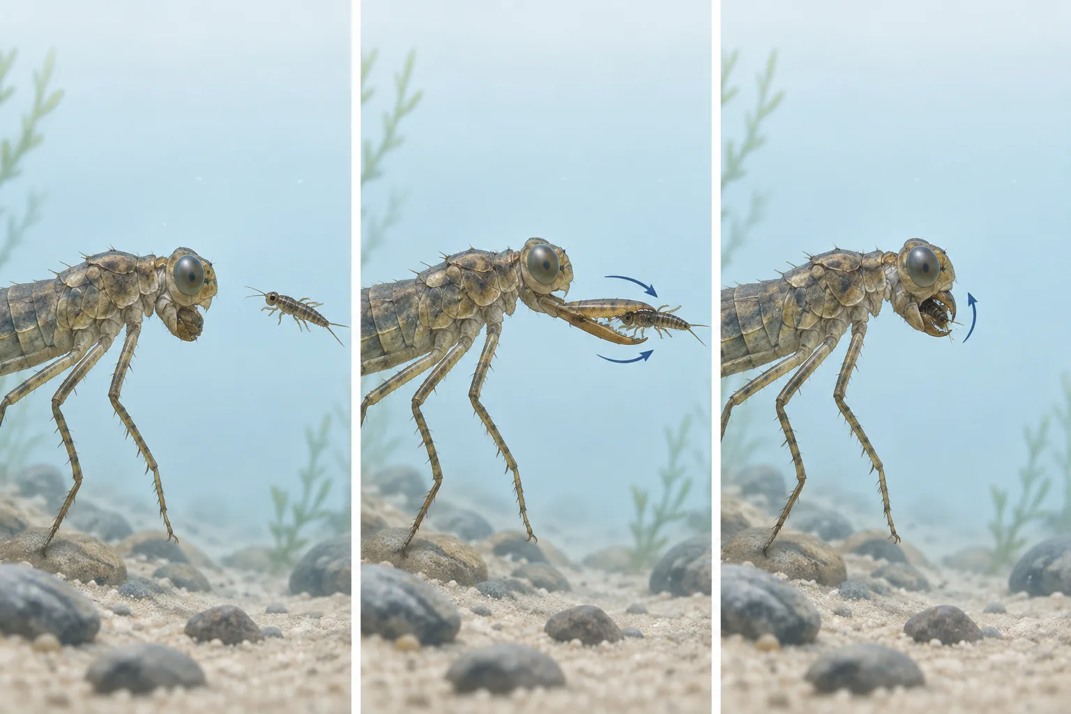 Three stages show a nymph extending its hinged lower lip, grasping prey, and drawing it to its jaws.