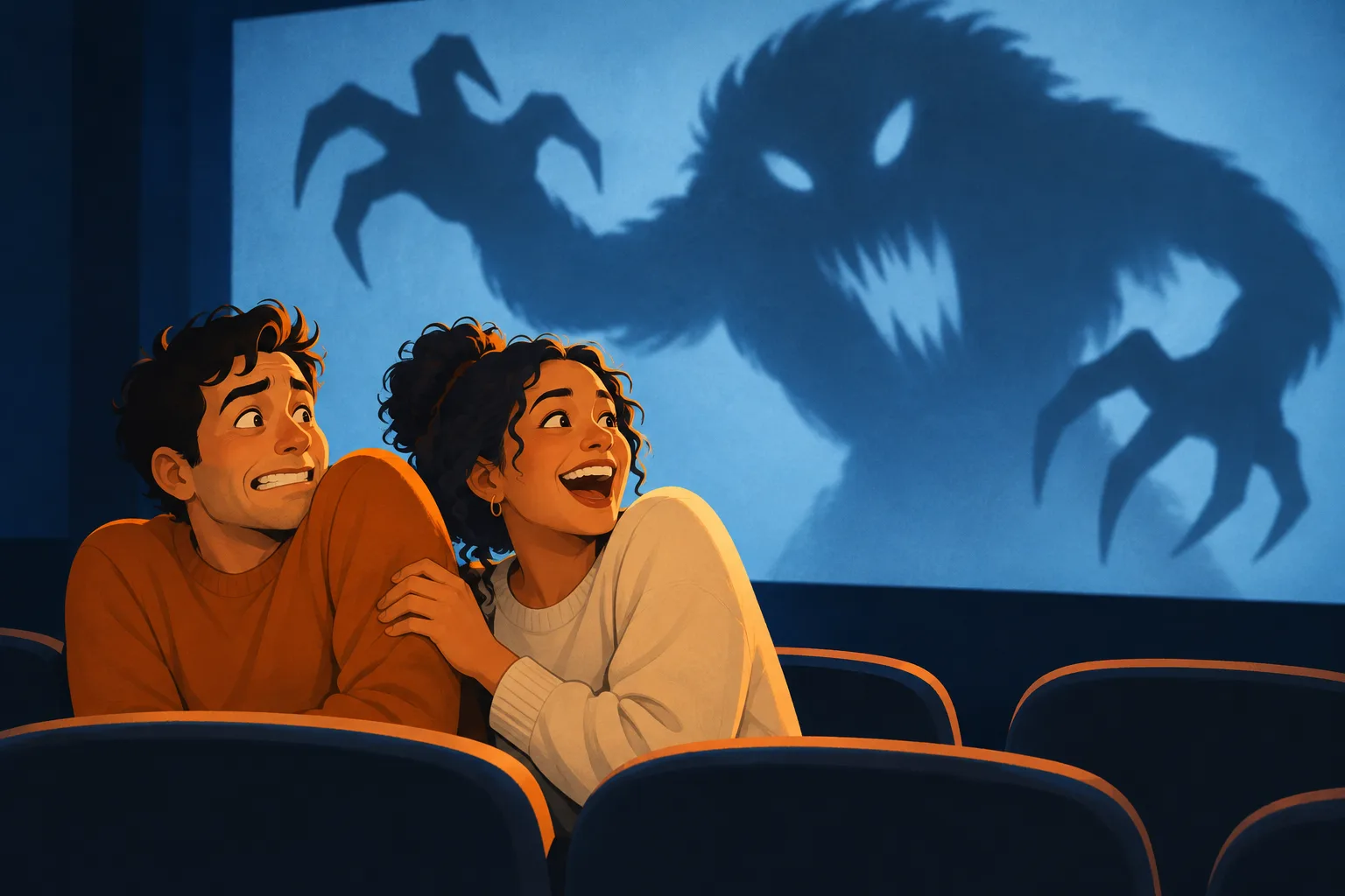 Two cinema-goers flinch and laugh as a shadow monster looms on the screen behind them.