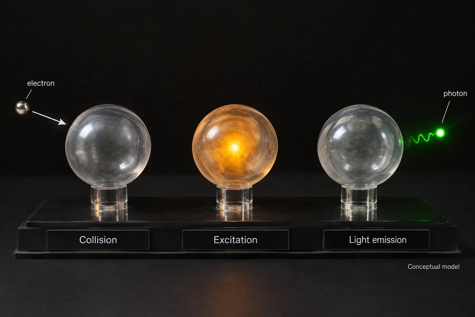 A three-stage physical model shows an electron transferring energy to an atom, which later releases light.