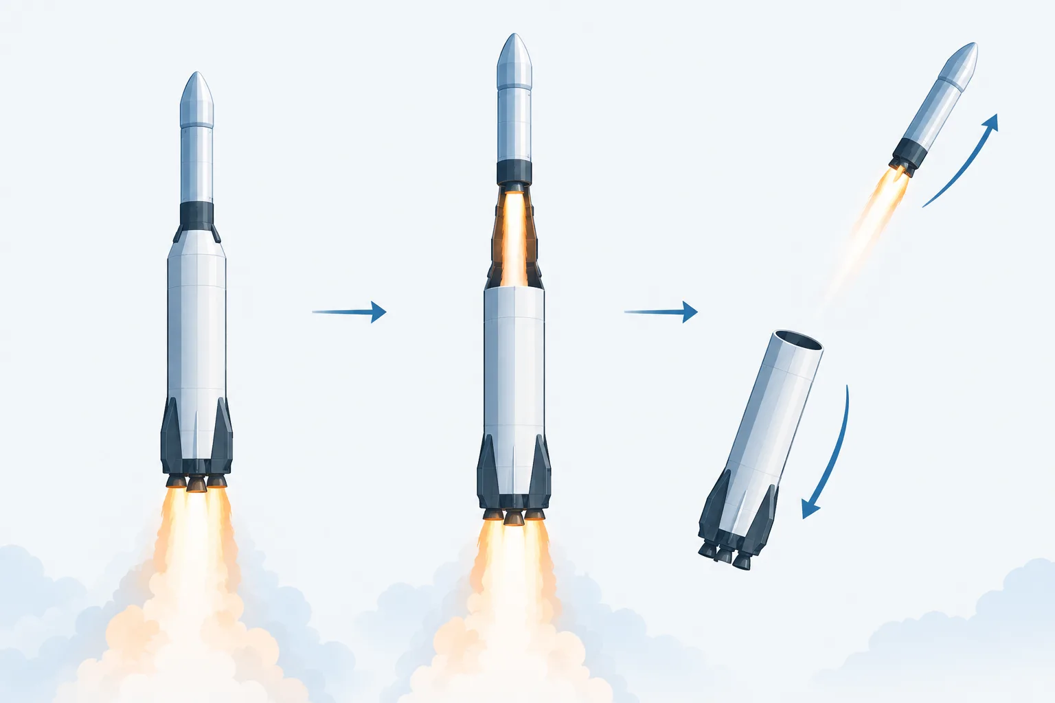 Three stages show the upper rocket firing before it separates from the returning booster.